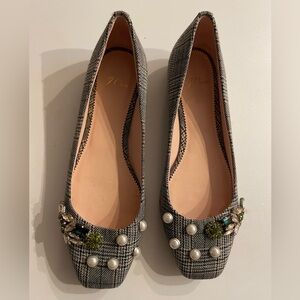 J. Crew Women's Plaid Flats with Pearl and Gem Accents, size 9
